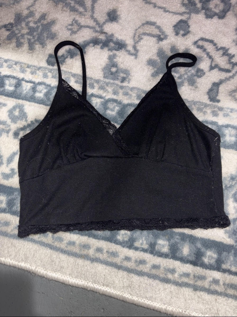 SHEIN Black Lace-Trim Ribbed Bralette